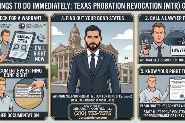 Infographic of 5 steps to take if a Motion to Revoke (MTR) probation is filed in Bexar County, featuring San Antonio defense attorney Genaro R. Cortez.