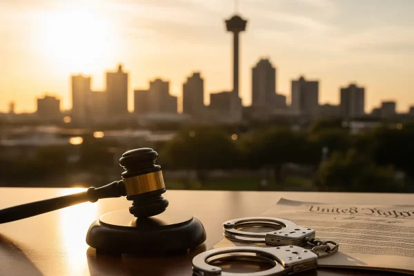 San Antonio firearms defense attorney featured image showing a gavel, handcuffs, and the US Constitution on a desk with the Tower of the Americas and San Antonio skyline in the background at sunset.