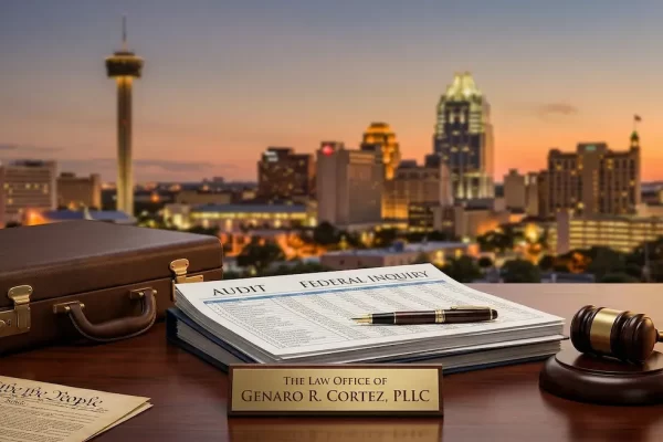 San Antonio white-collar crime defense attorney featured image showing a federal inquiry audit document, a leather briefcase, and a gavel with the San Antonio skyline at sunset.